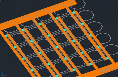An e-Wallpaper massive MIMO array of 1GHz to 6GHz antennas with embedded 65nm CMOS chips (in blue) and power lines (orange).